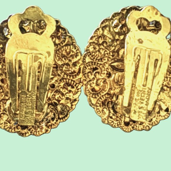 Vintage Gemstone Pearl and Gold West Germany Made Clip-On Earrings EUC - Picture 6 of 12